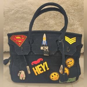 Burkin Style Dark Denim Tote Bag with Patches